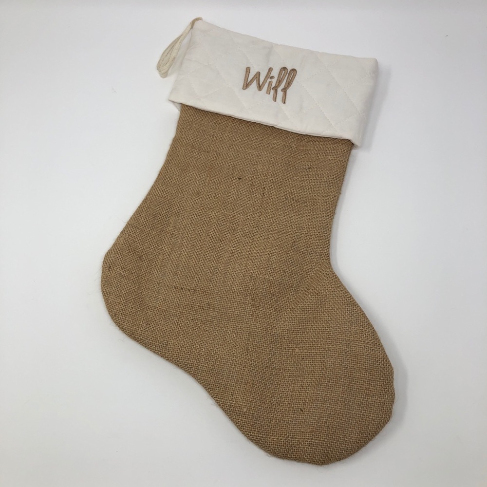 Burlap Monogrammed Christmas Stocking “Will”